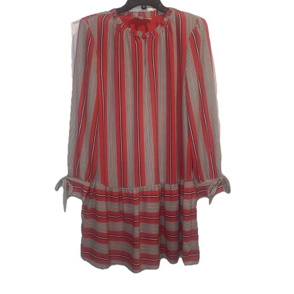 Ann Taylor Dresses & Skirts - Ann Taylor LOFT Red Striped Lined Dress Tunic Long Sleeve Ruffles Sz S NEW